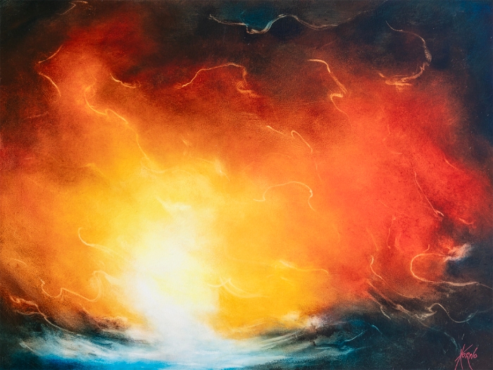 Peinture abstraite Aspiration de Korno, lumière centrale jaune et blanche, ciel rouge orangé, reflets bleus sur l’eau, format 30x40