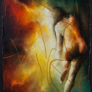 Peinture figurative d’un nu féminin de dos, baigné de lumière chaude, sur fond abstrait rouge, jaune et vert avec des lignes dorées.