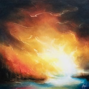 Explosion de lumière blanche et jaune au-dessus d’une eau bleu-vert, avec des nuées rouge orangé et sombres, évoquant une tempête émotionnelle.