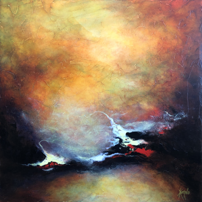 Tableau contemporain acrylique sur bois recyclé représentant un bord de lac aux couleurs d’automne, avec un filament de lumière et des accents rouges et blancs.
