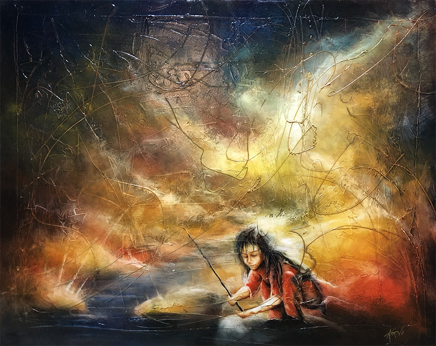 Tableau contemporain figuratif à l’huile sur bois recyclé montrant une enfant jouant avec un bâton au bord d’une rivière, dans une atmosphère lumineuse et chaude.