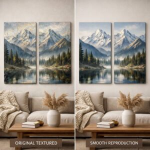 Two sets of mountain landscape paintings above a beige sofa, one textured and one smooth