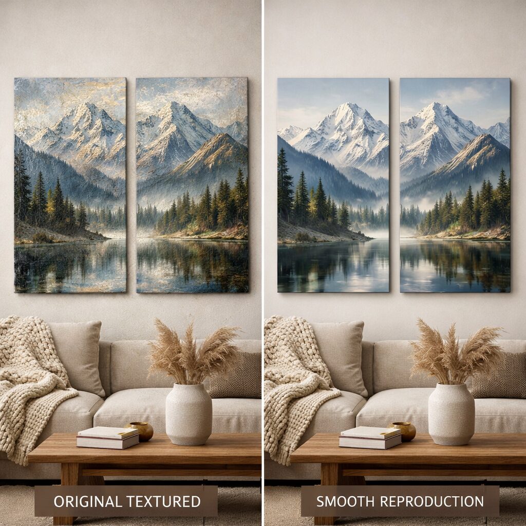 Two sets of mountain landscape paintings above a beige sofa, one textured and one smooth